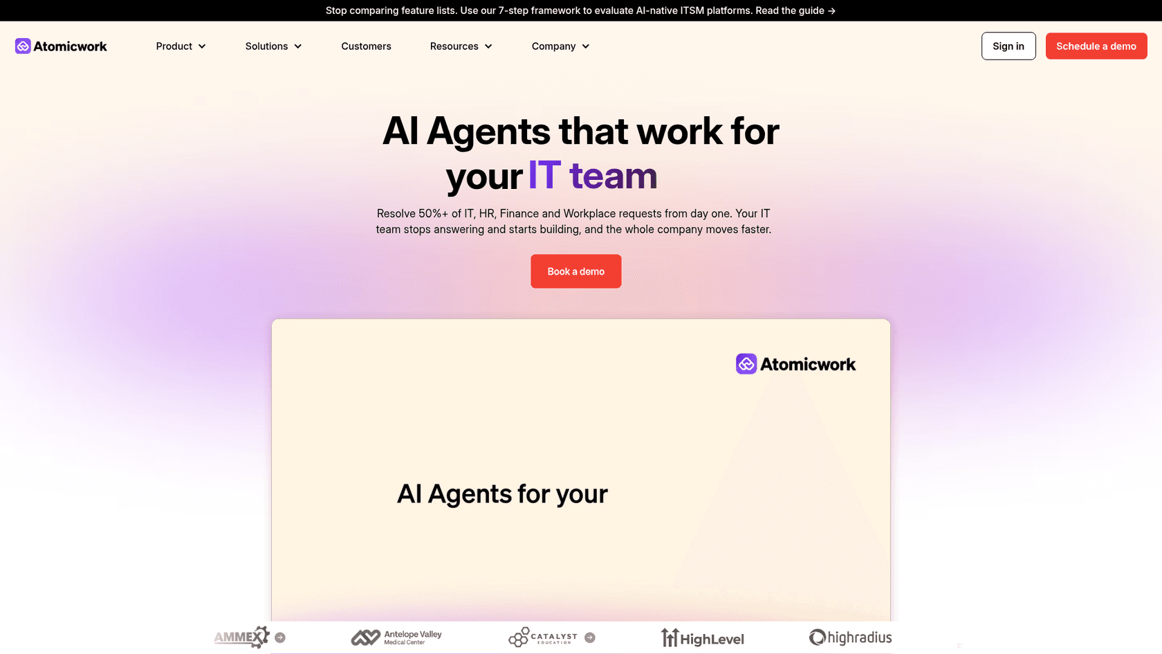 A screenshot of Atomicwork's landing page.