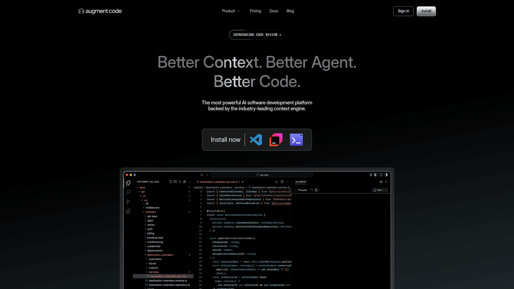 A screenshot of the Augment Code landing page, an enterprise-focused tool among GPT 5.3 Codex alternatives.