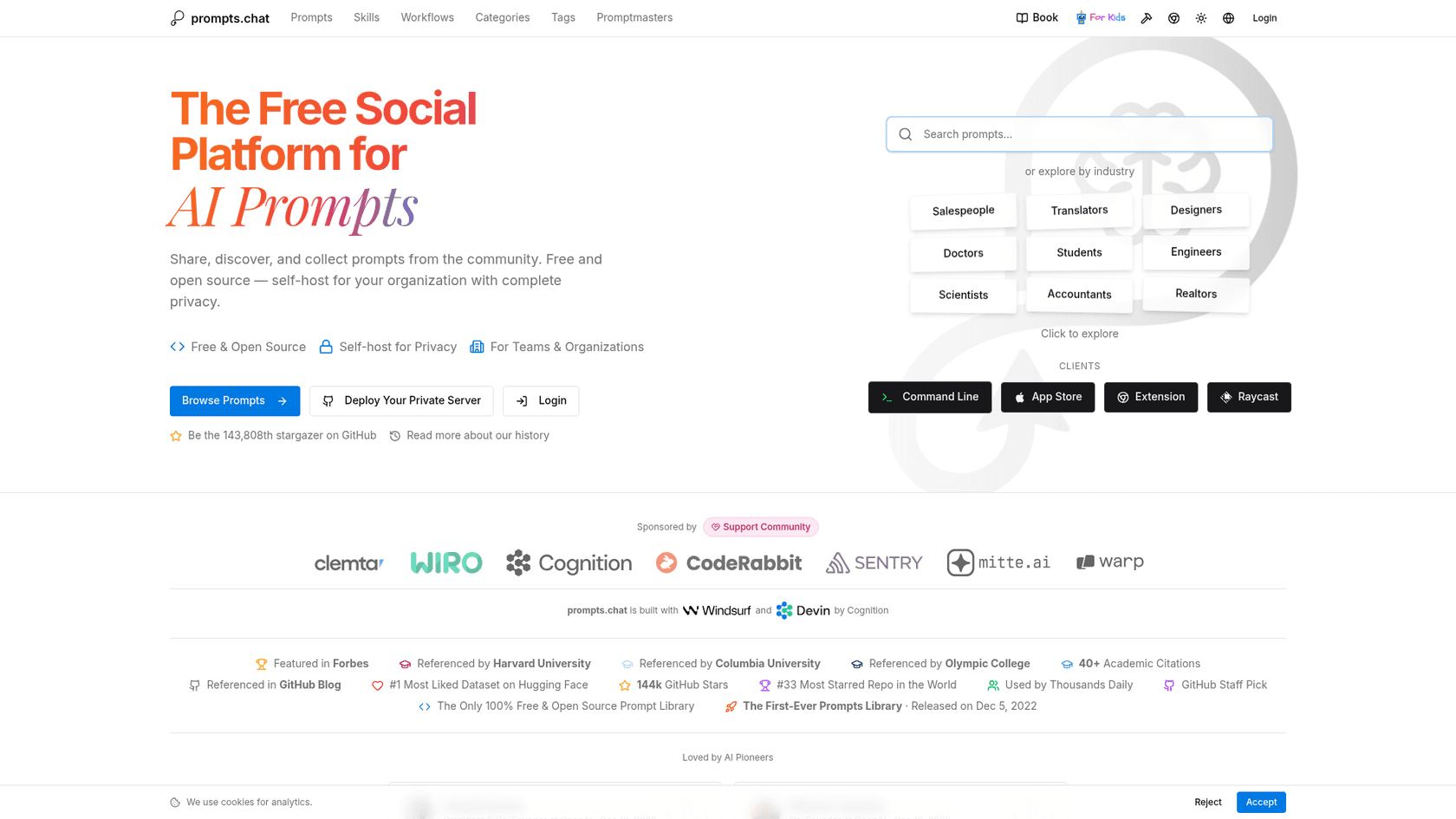 A screenshot of the Awesome ChatGPT Prompts website, a resource for finding community-driven ChatGPT prompts.