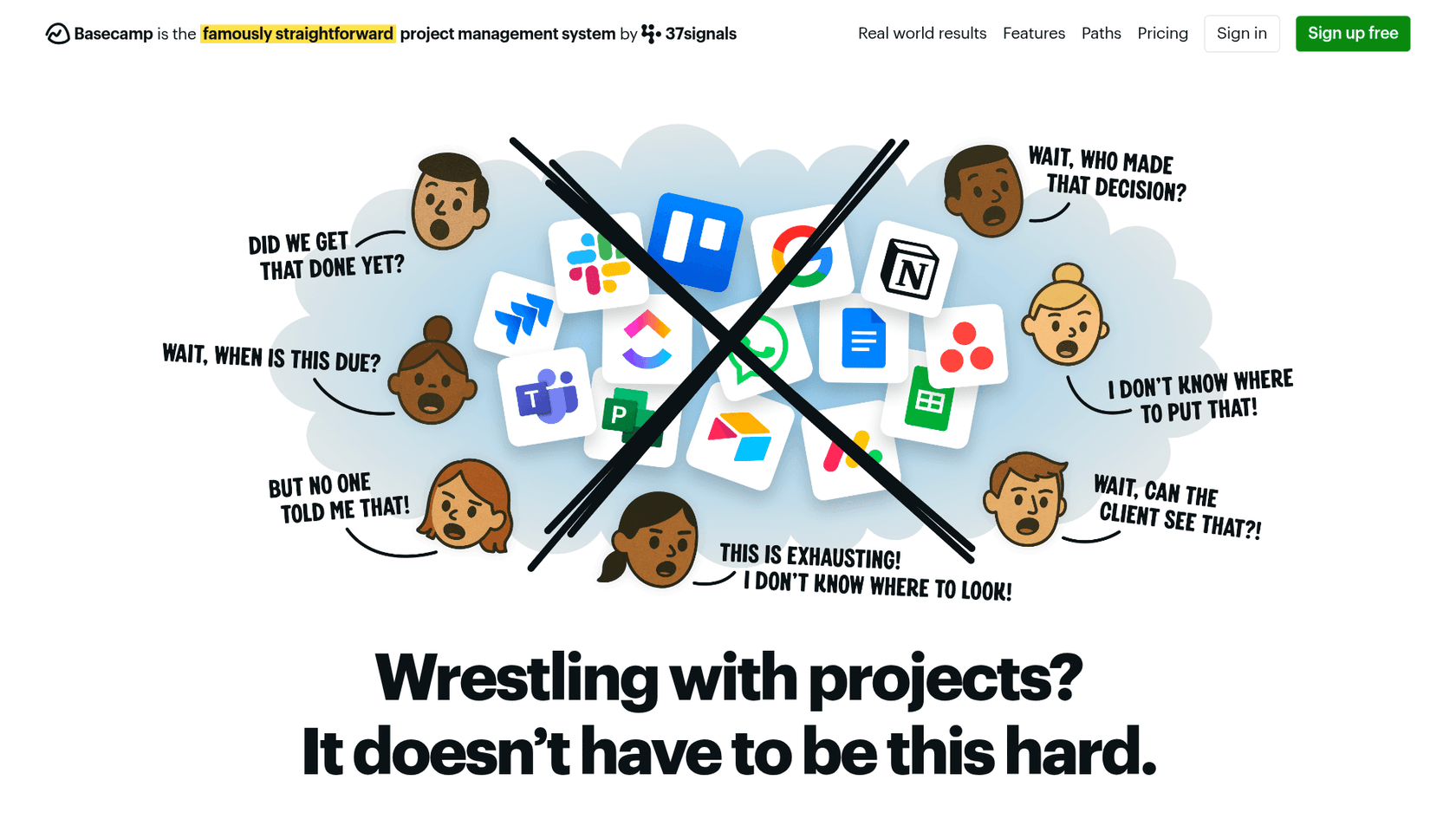 Basecamp landing page showcasing the platform's clean, communication-first interface.