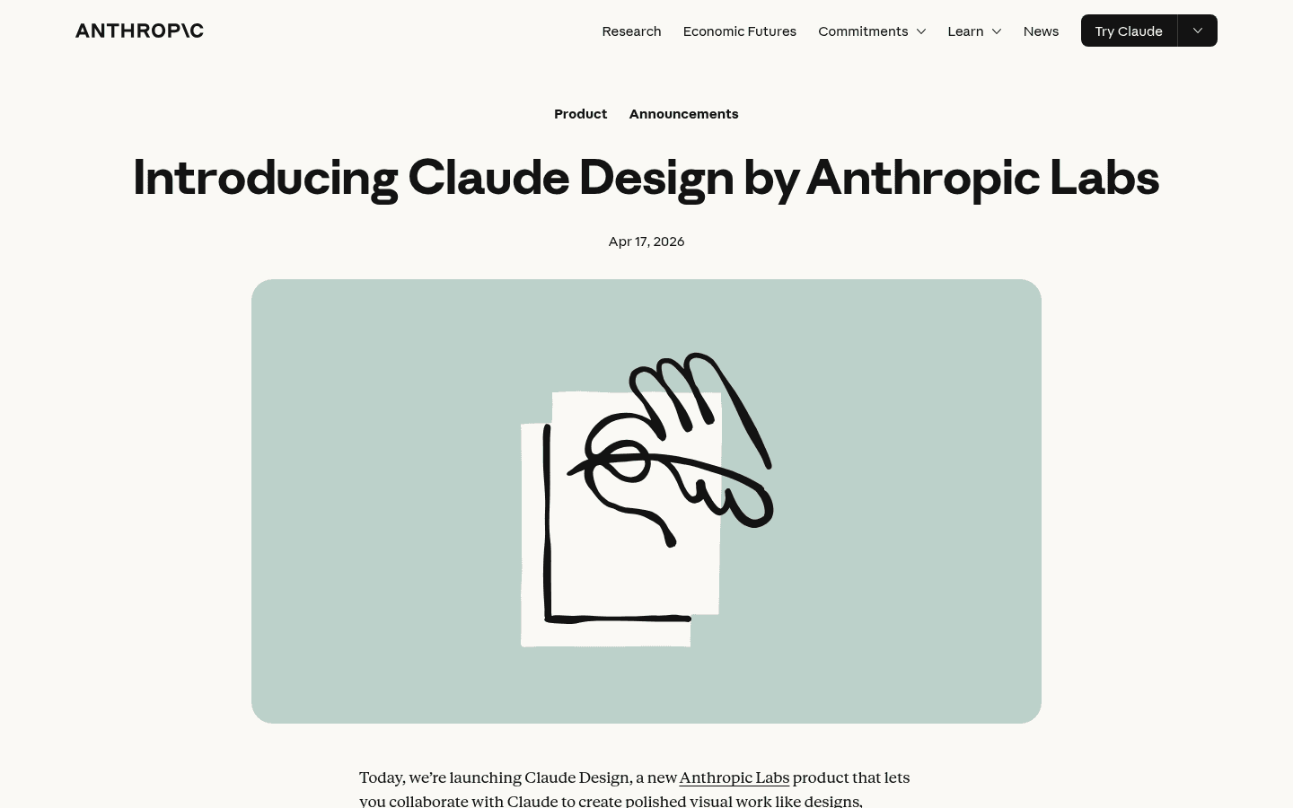 Claude Design launch page on anthropic.com showing the conversational design interface and canvas preview