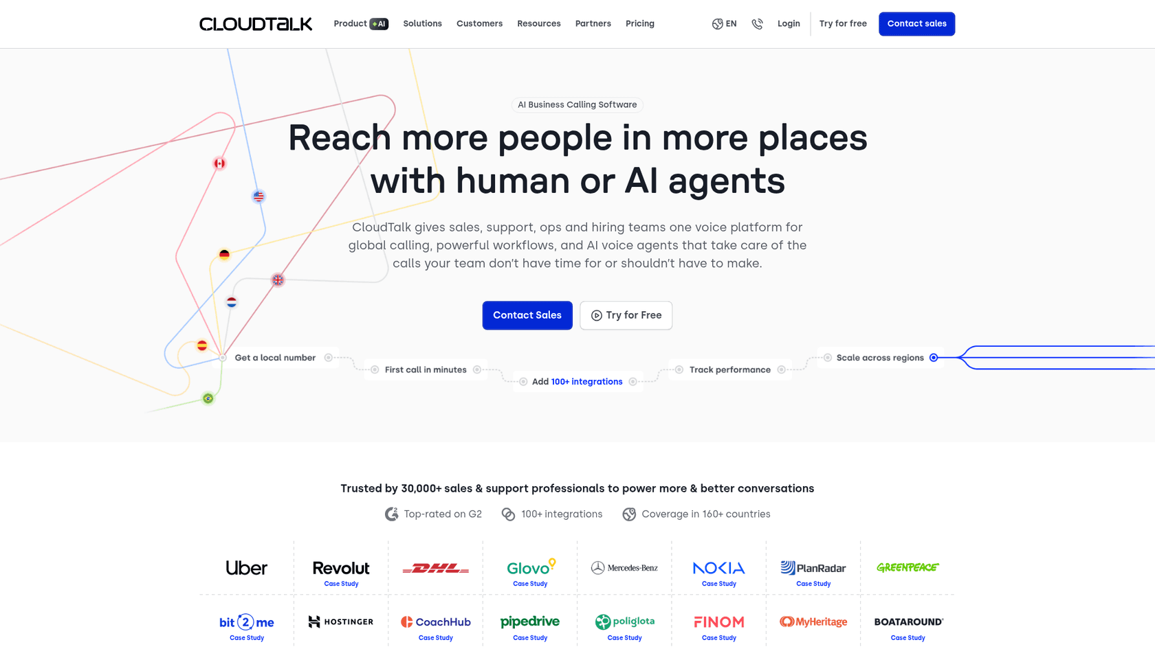 CloudTalk's AI-powered business calling platform landing page.