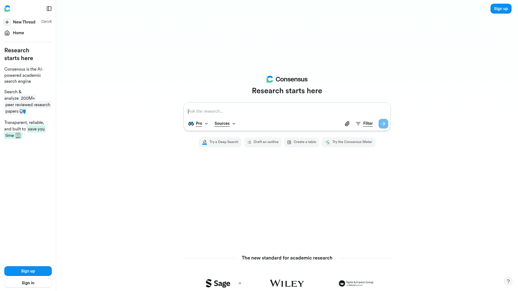 A screenshot of the landing page for Consensus, a specialized tool among AI search engines for academic research.