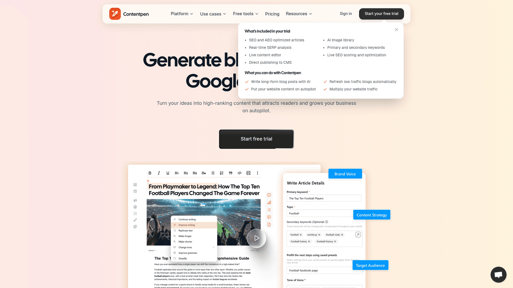 A screenshot of the Contentpen.ai AI blog writer for edtech homepage.
