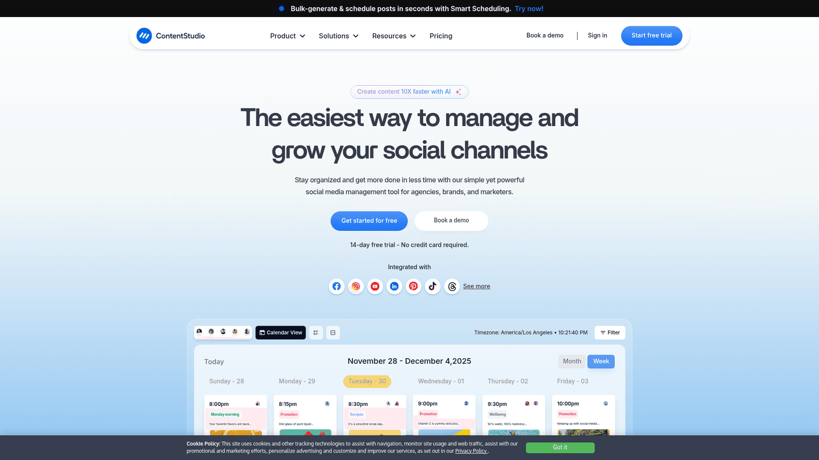 A screenshot of the ContentStudio website, a social media management platform with a bulk AI caption generator.