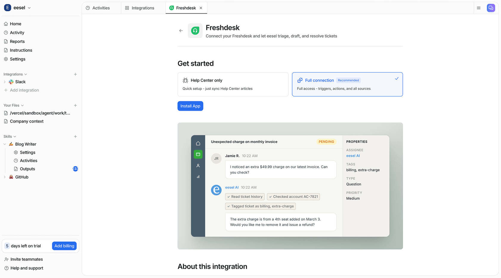 eesel AI dashboard showing the Freshdesk integration connected and active