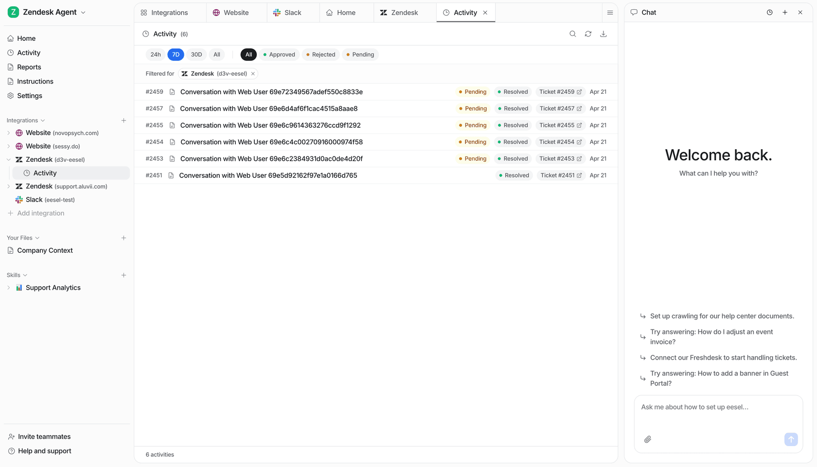 eesel AI activity feed for a Zendesk account showing recent conversations being handled, with Pending and Resolved statuses tracked per ticket