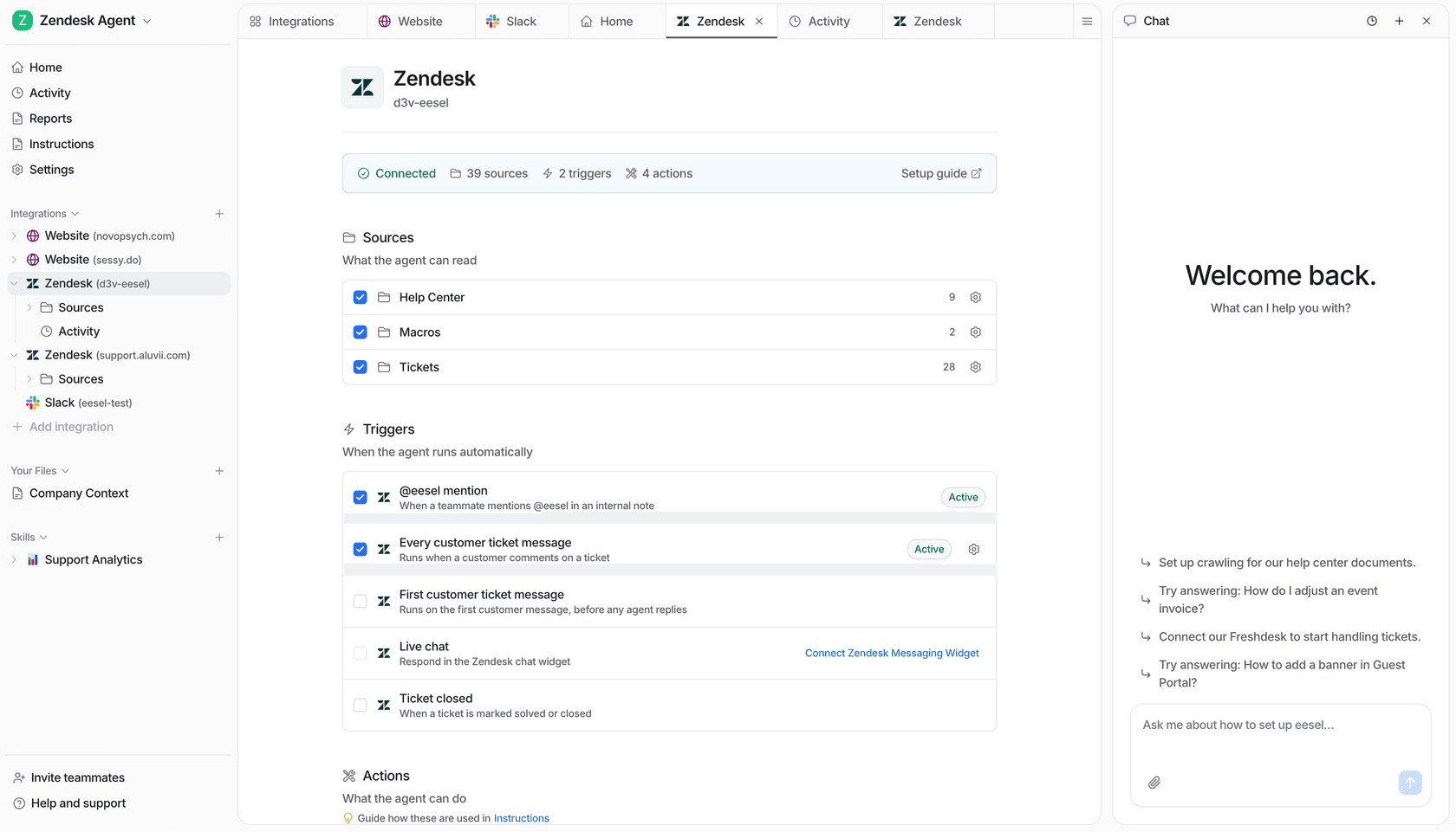 eesel AI Zendesk integration dashboard showing Connected status, 39 knowledge sources including Help Center and Macros, and active triggers for responding to customer ticket messages