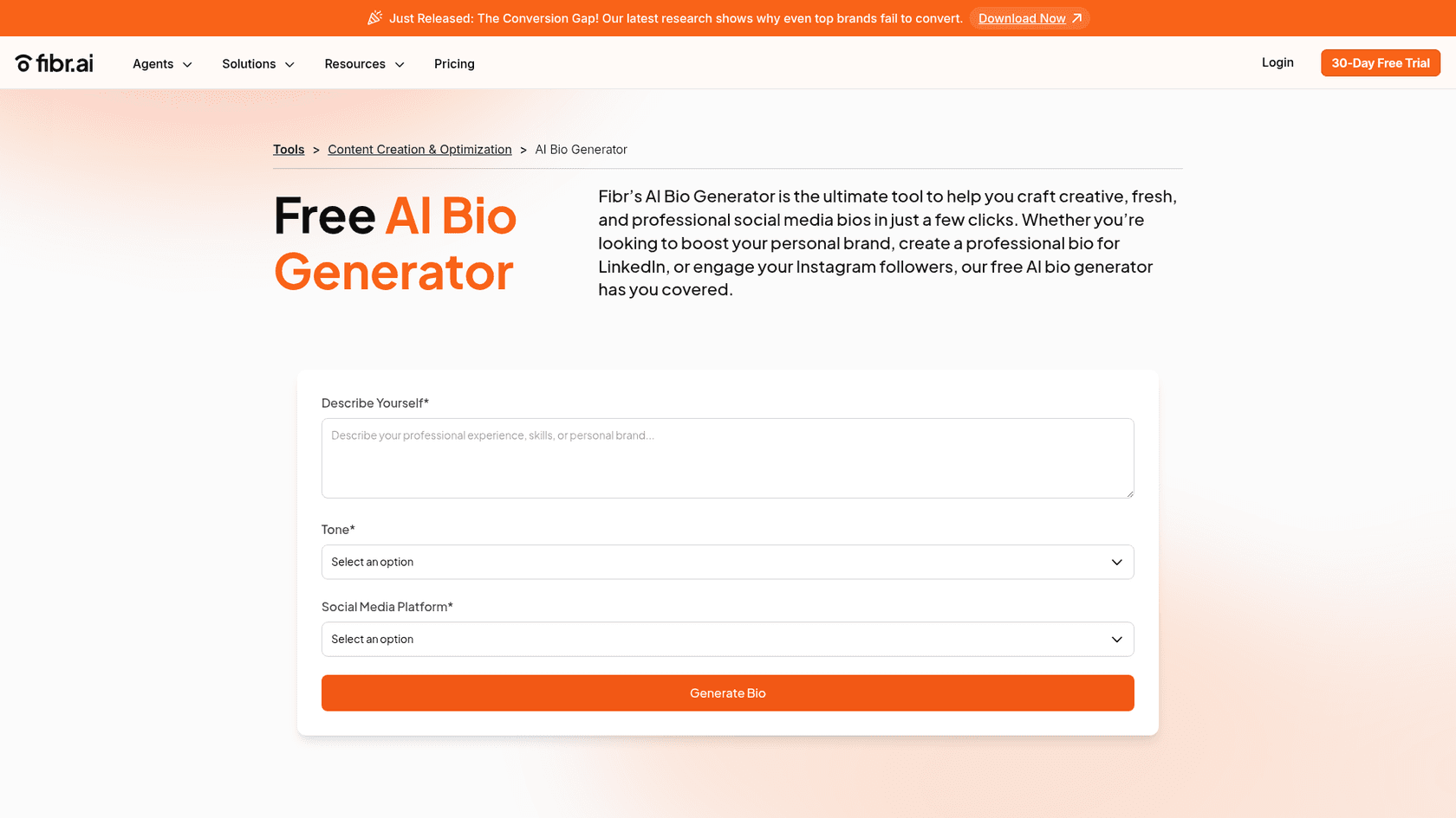 A screenshot of the Fibr.ai free bio generator landing page, a simple tool for creating quick social media bios.