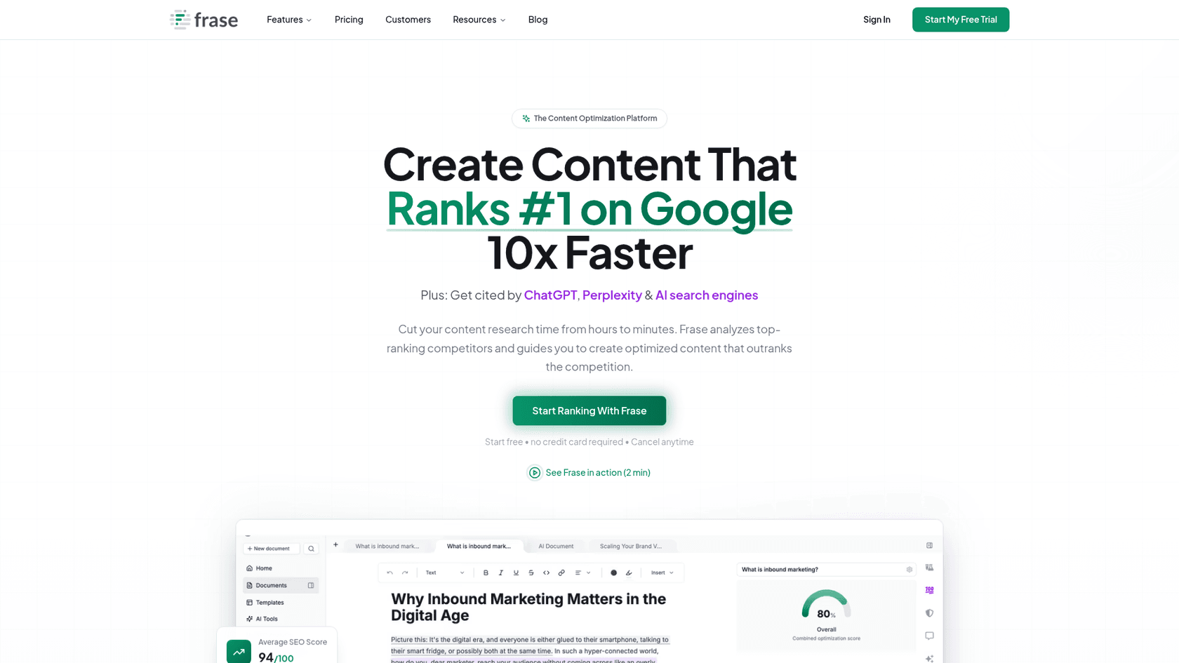 The homepage for Frase AI, a tool with various pricing plans for SEO and content optimization.