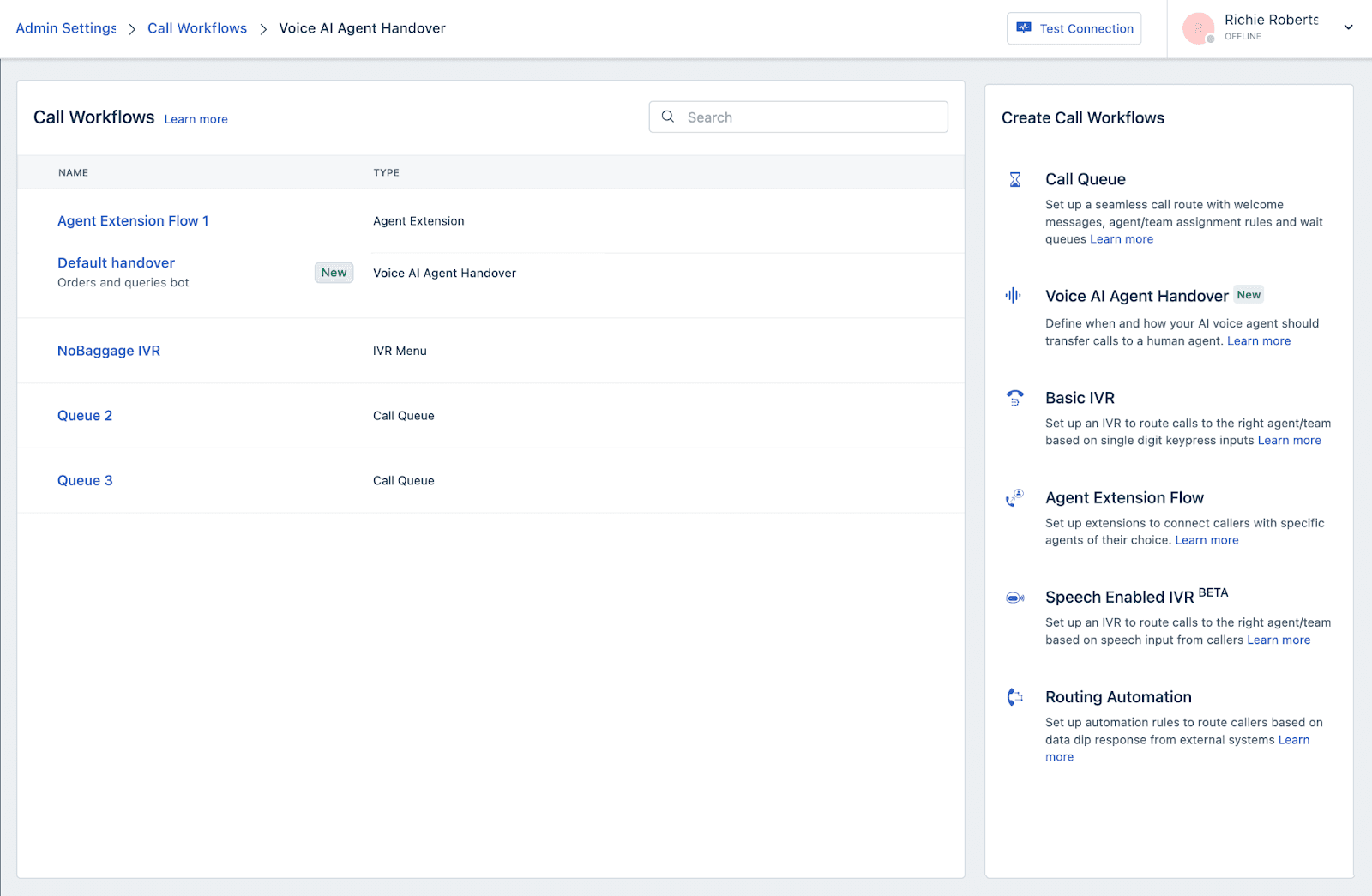 Freshcaller Call Workflows in admin settings