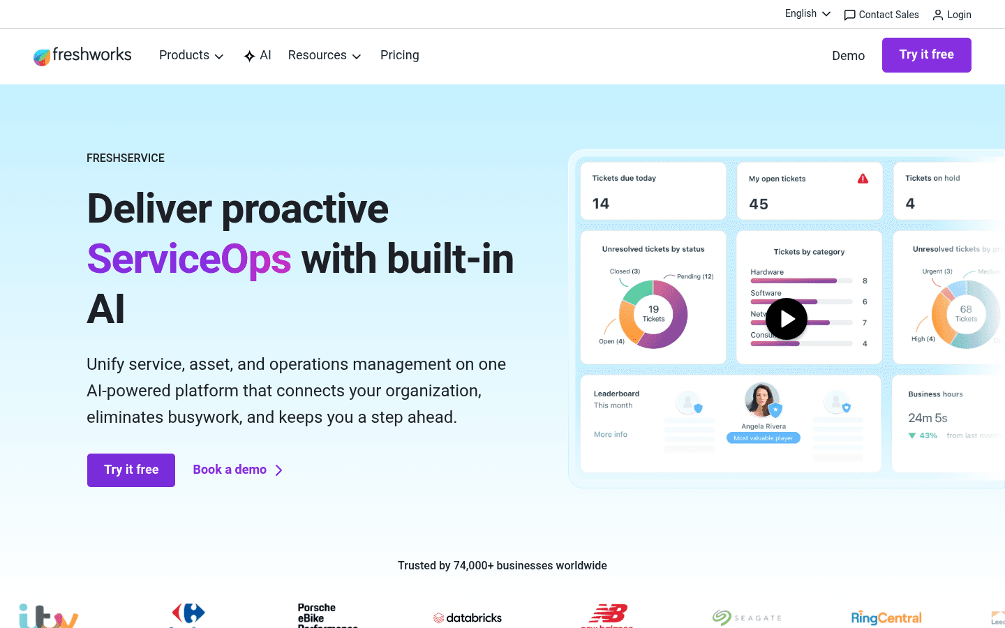 A screenshot of Freshservice's landing page.