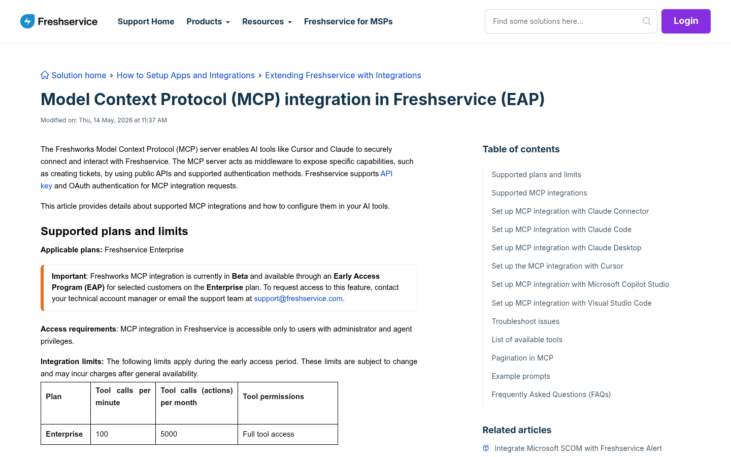 Freshworks MCP Gateway official documentation page showing setup configuration for AI tools