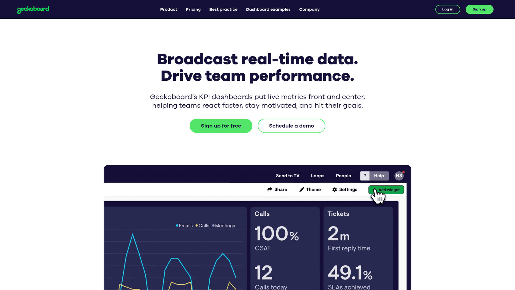 Geckoboard landing page with real-time dashboard features