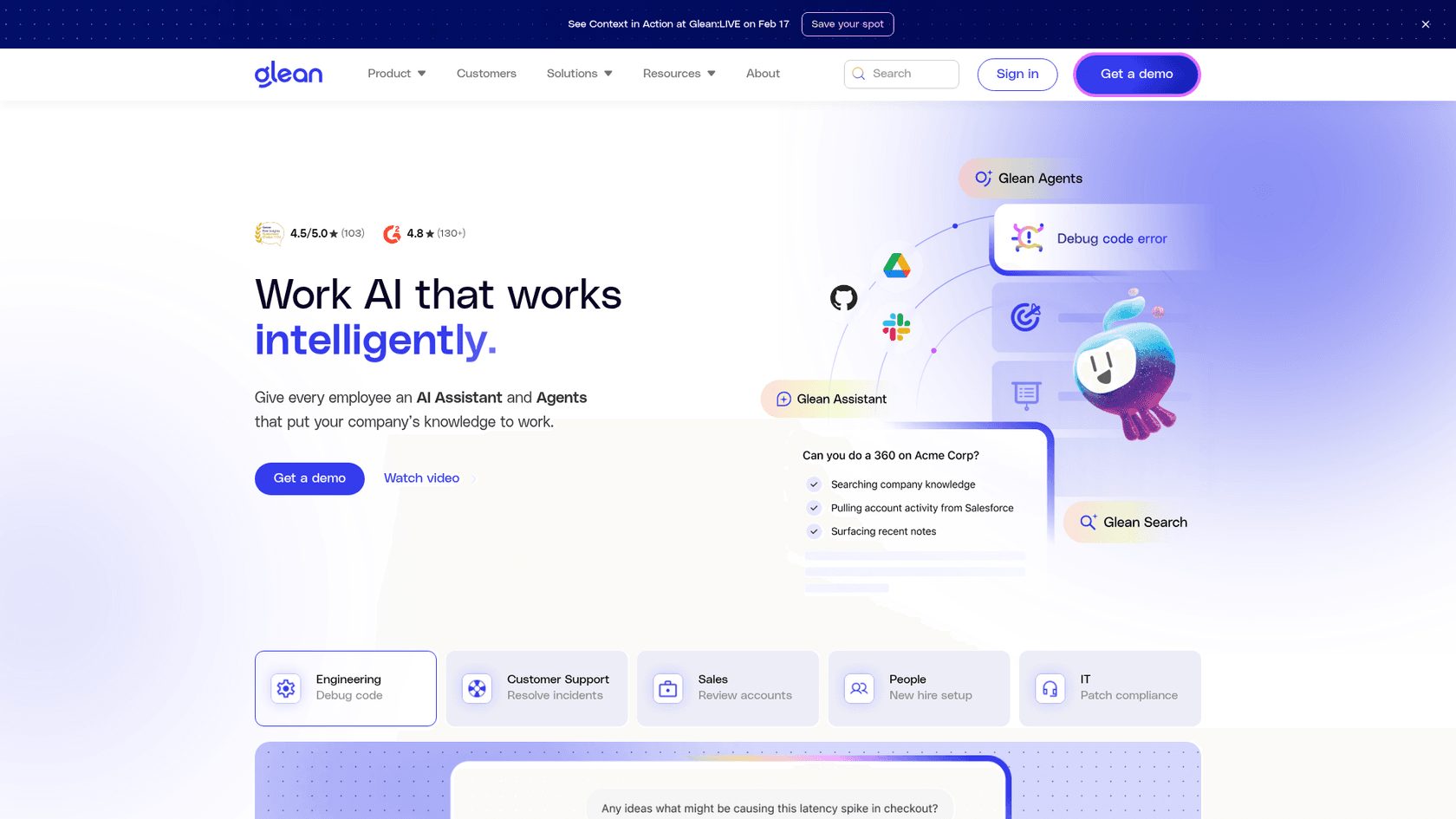 A screenshot of Glean's landing page.