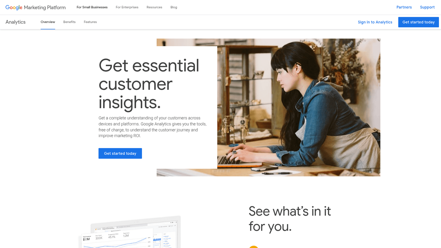 A screenshot of the Google Analytics homepage, one of the most essential free blogging tools for tracking website performance.