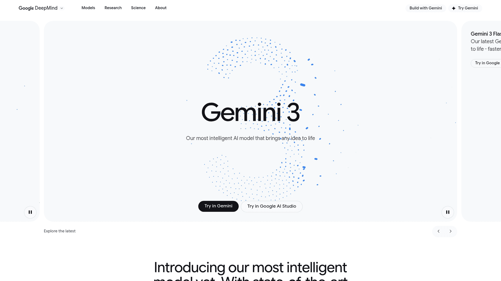 A screenshot of the Google DeepMind Gemini 3 Pro homepage, a powerful tool for research in the context of the best LLM for blog writing.