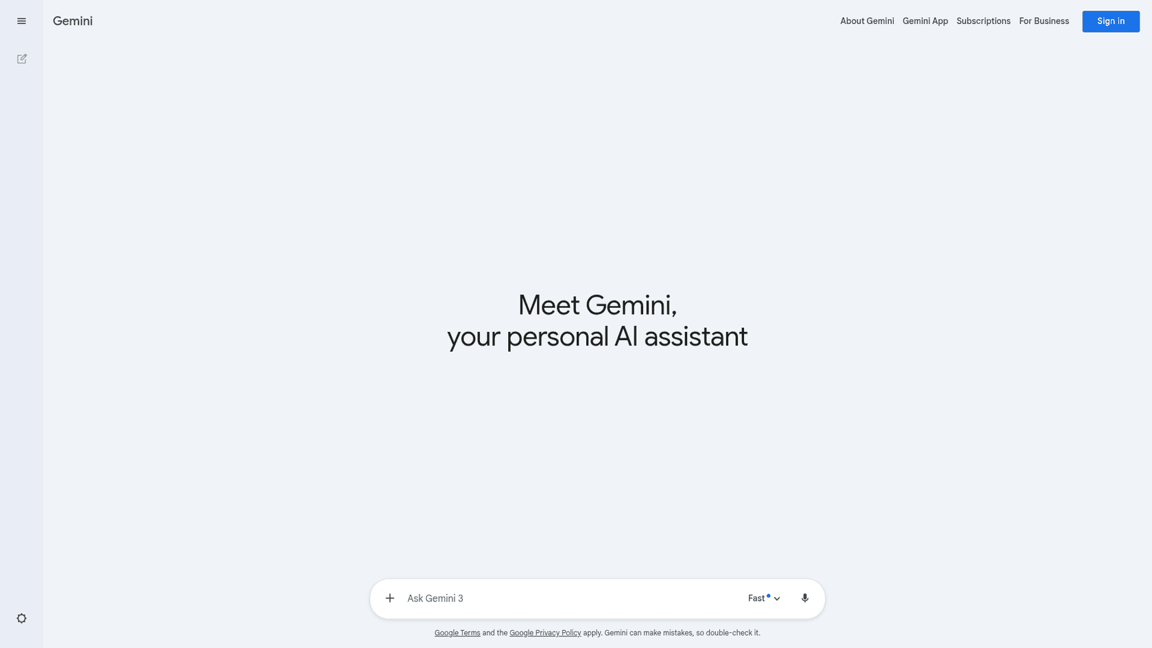 A screenshot of the Google Gemini landing page, a key model in the Gemini 3 Pro vs Claude Opus 4.6 comparison.