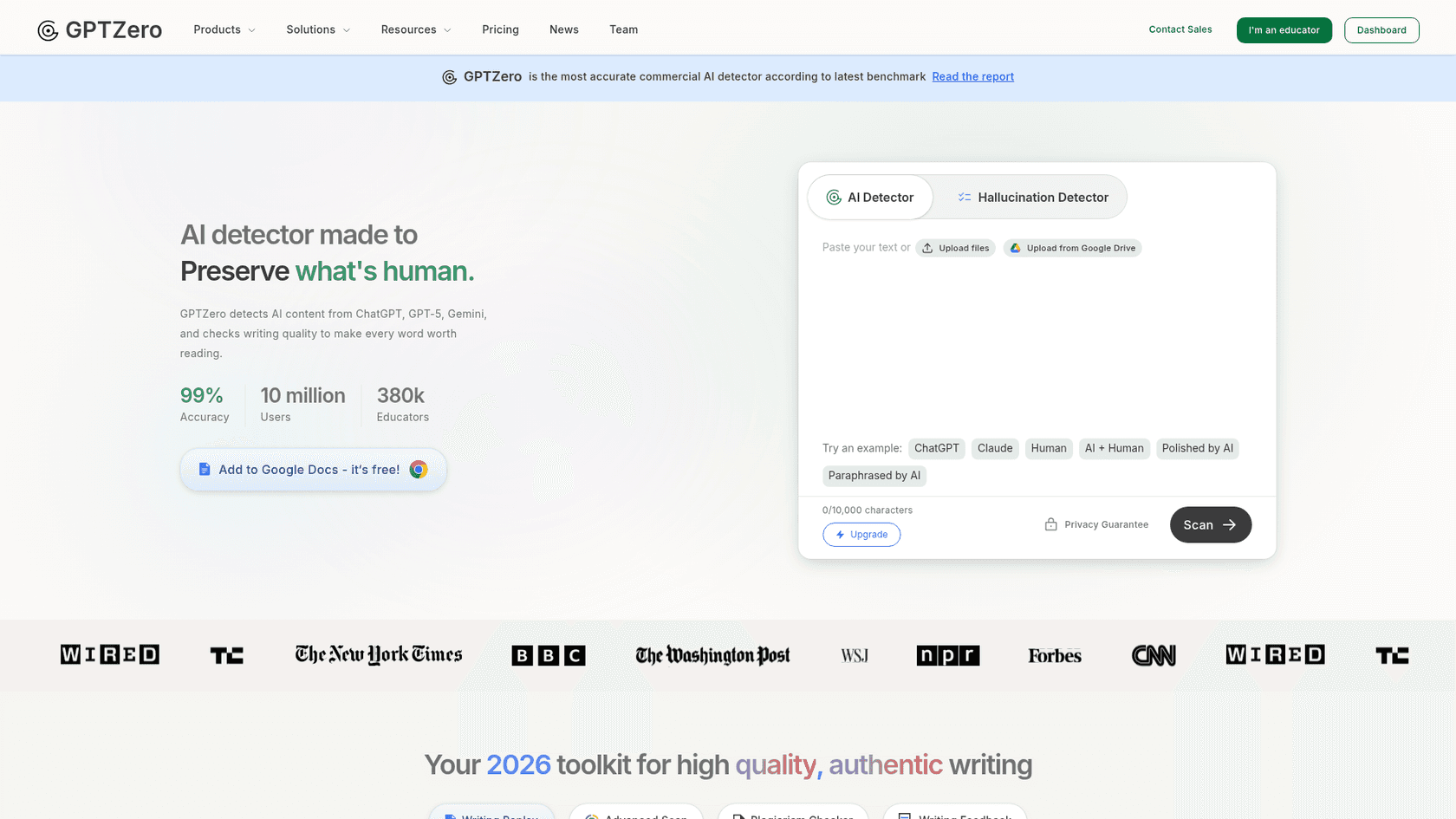 A screenshot of the GPTZero landing page, a popular software to detect AI writing used by educators.