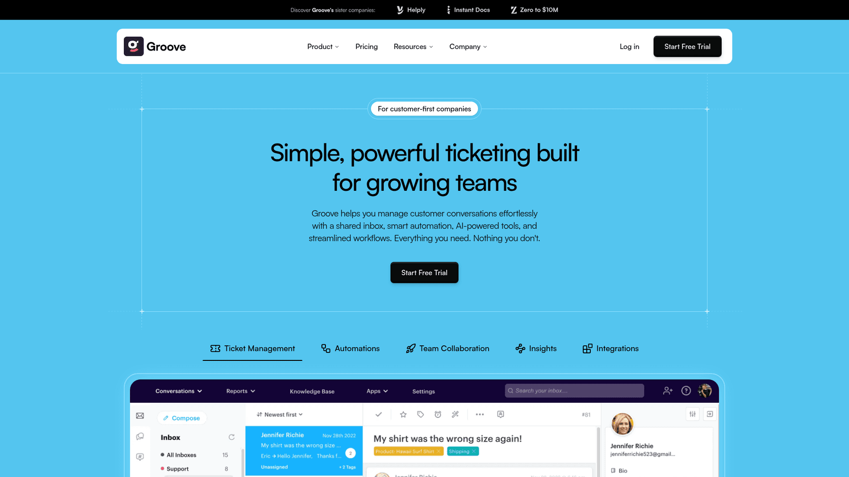 GrooveHQ landing page showing shared inbox and ticket management interface.
