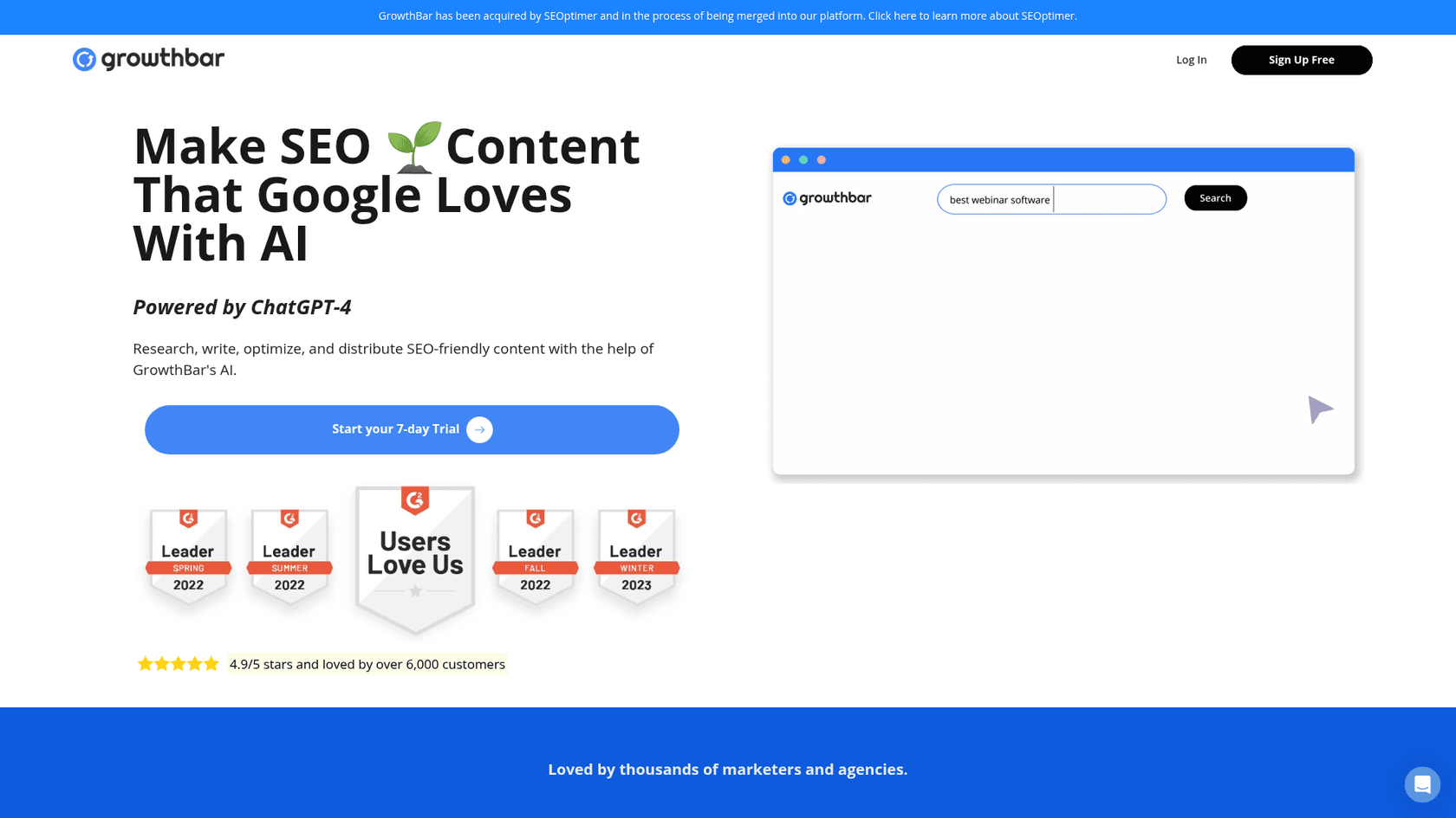 A screenshot of the GrowthBar landing page, an AI tool for SEO content creation.