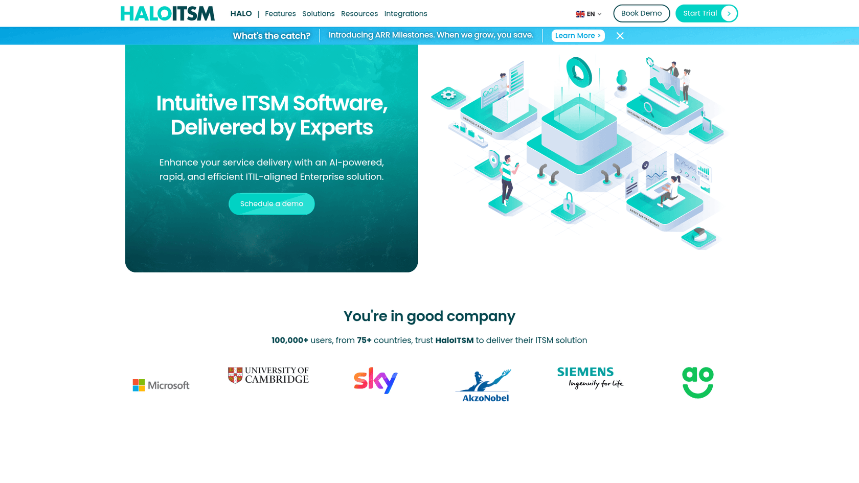 HaloITSM landing page with IT service management features