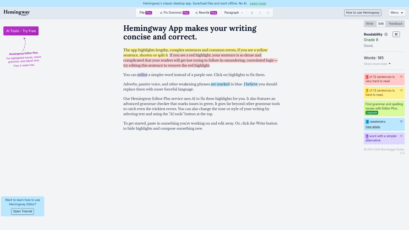 A screenshot of the Hemingway Editor web app, a Grammarly AI alternative focused on improving writing clarity and conciseness.