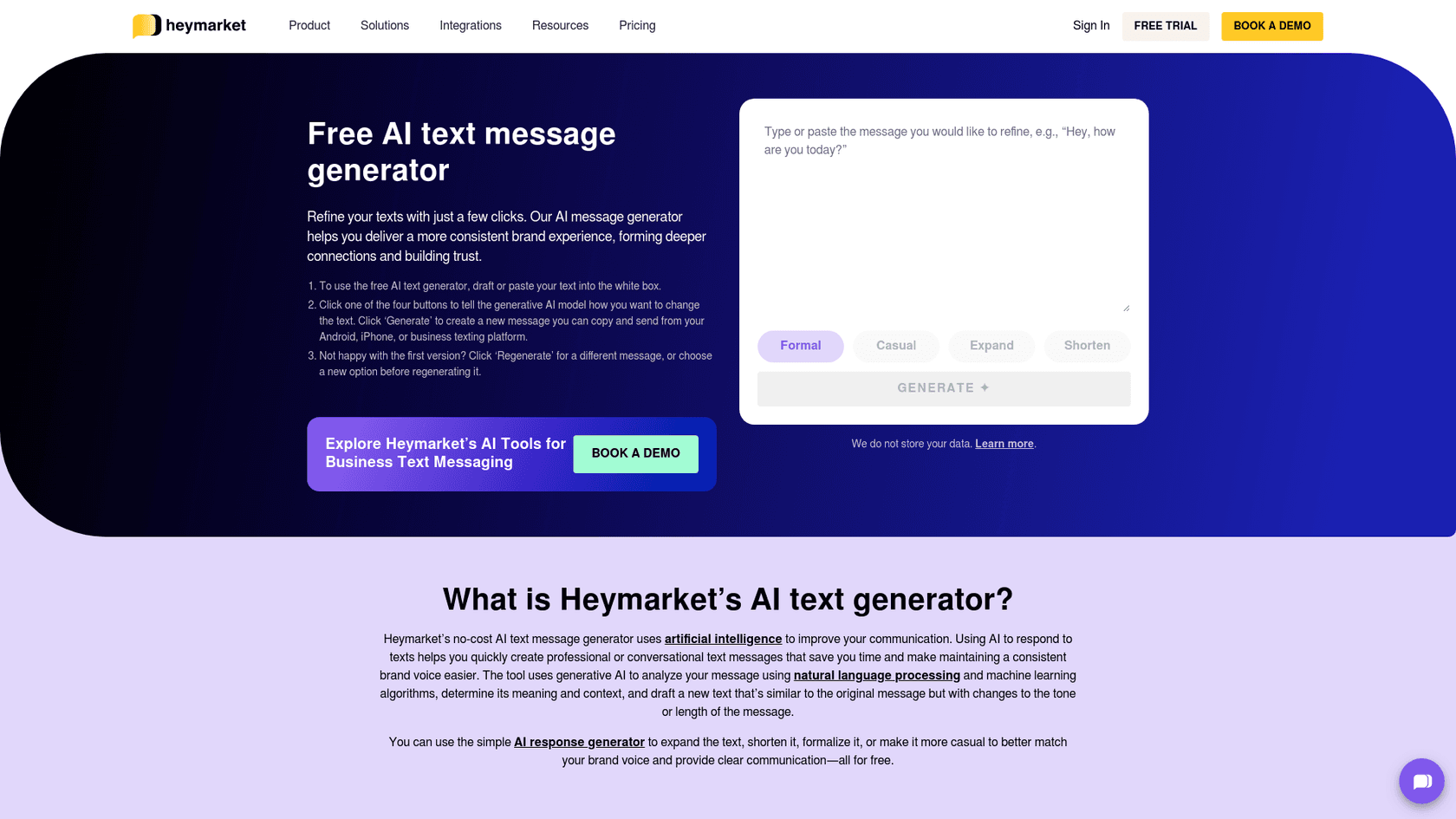 Heymarket landing page highlighting business text messaging and team collaboration tools.