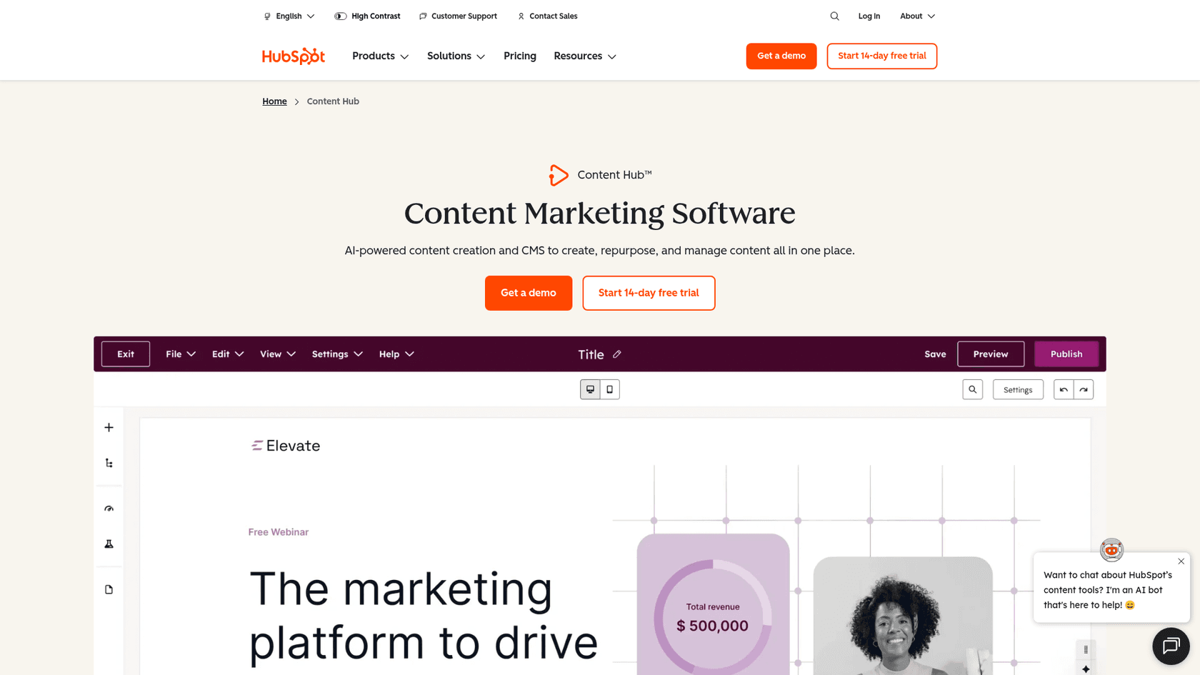 The landing page of HubSpot's Content Hub, which includes tools to help maintain brand voice with AI.