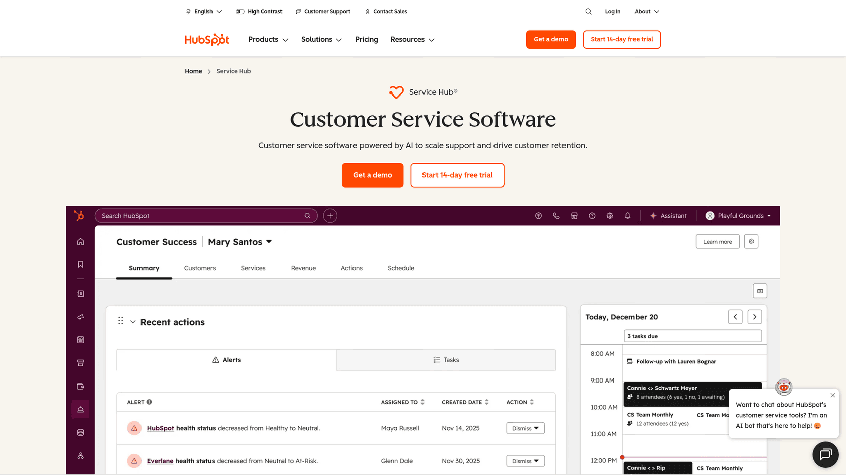 HubSpot Service Hub landing page showcasing the customer service platform interface