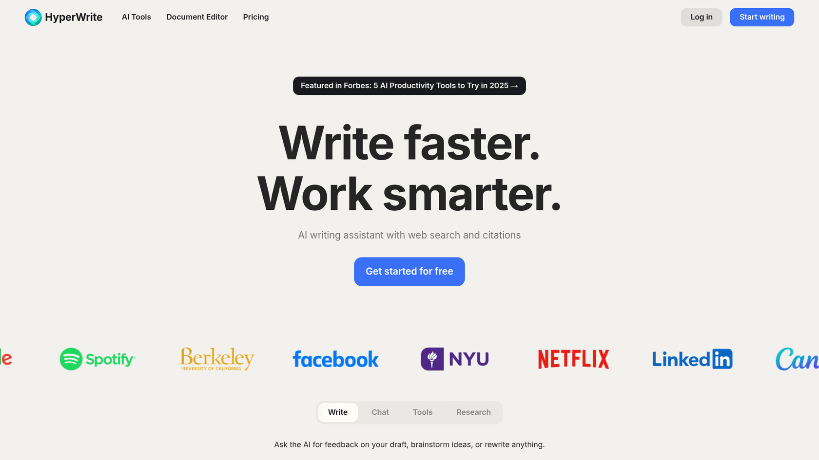 A screenshot of the HyperWrite AI homepage, an AI writing assistant that offers many specific writing functions.