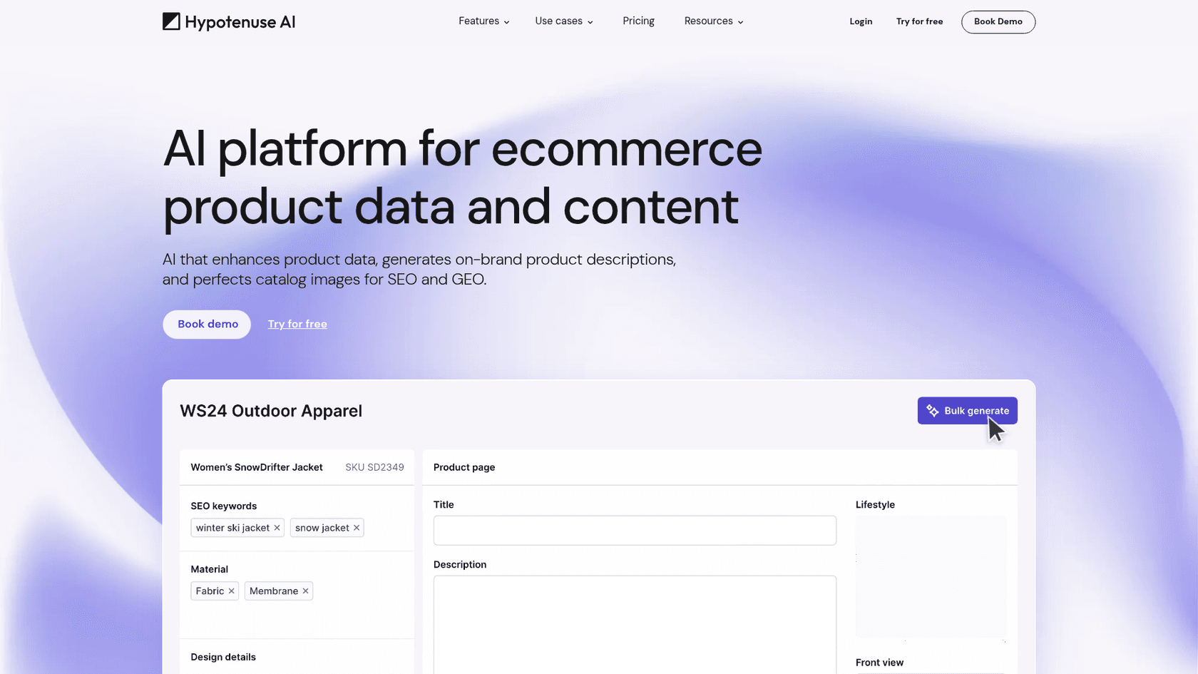 A screenshot of the Hypotenuse AI website, which offers tools for AI ecommerce content AI.