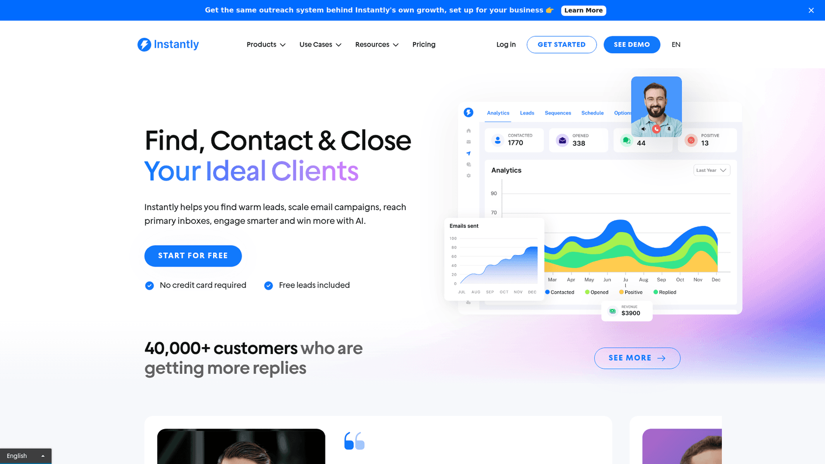 A screenshot of the Instantly.ai website homepage, a sales tool with tiered AI affiliate programs.