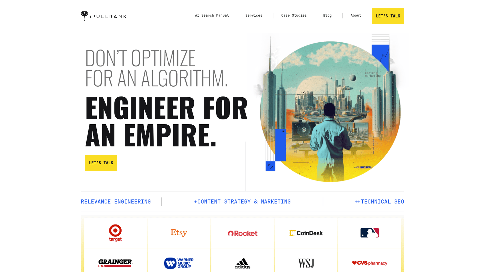 A screenshot of the landing page for iPullRank, a technical AI SEO company known for Relevance Engineering.