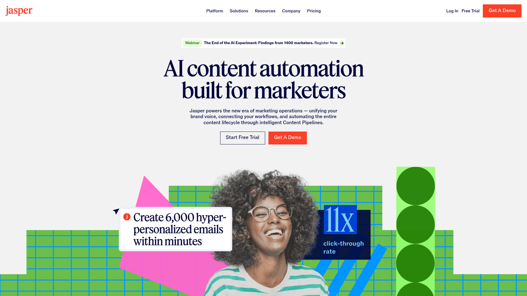 A screenshot of the Jasper AI landing page, a platform that shows how to use AI for affiliate content.
