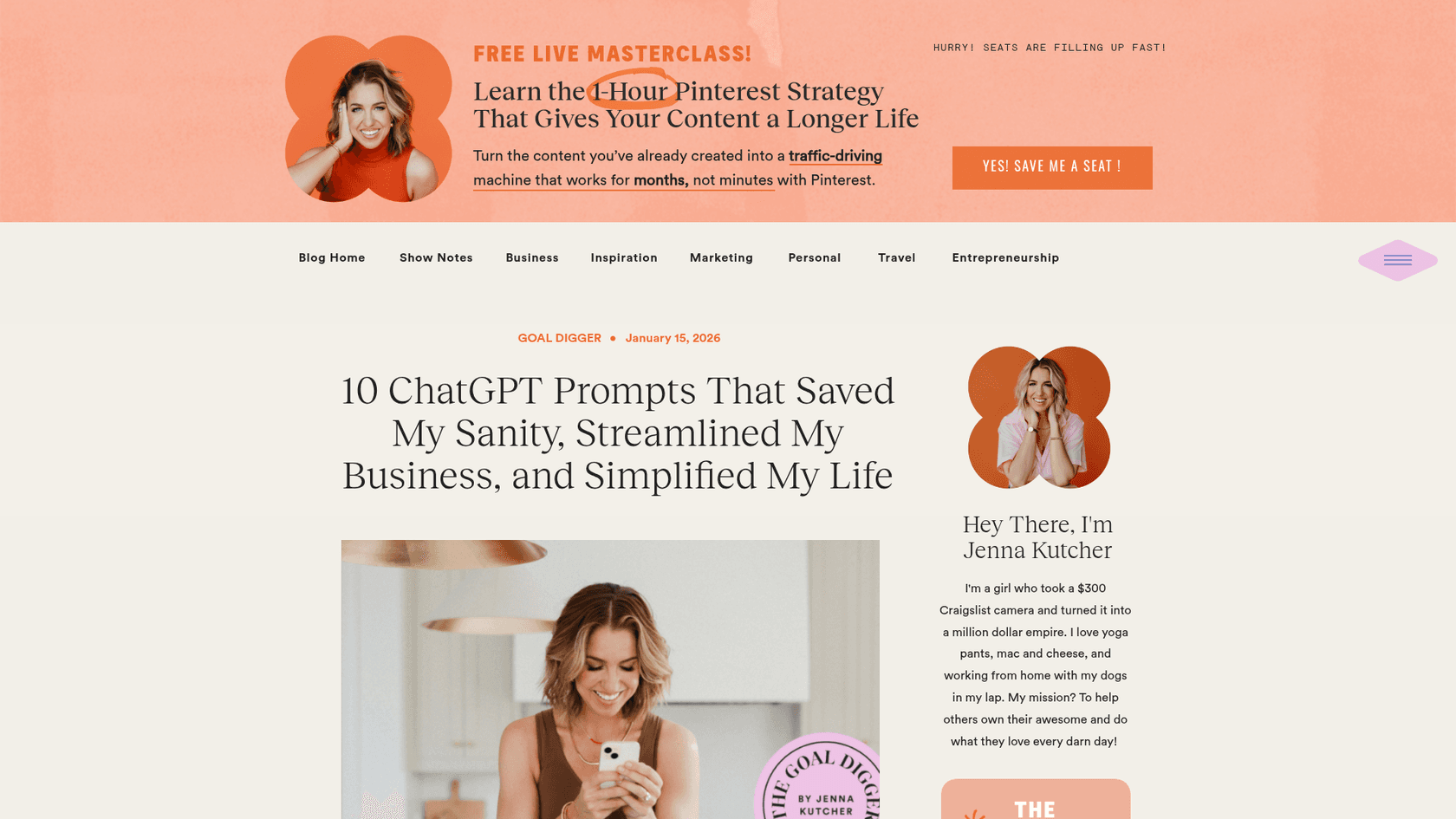 A screenshot of Jenna Kutcher's blog, displaying her article on practical ChatGPT prompts for business and life.