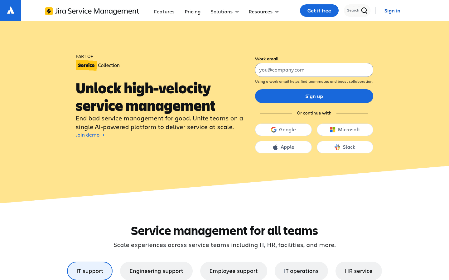 A screenshot of Jira Service Management's landing page.