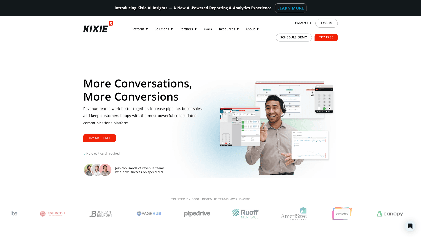 Kixie landing page showcasing the AI-powered sales platform