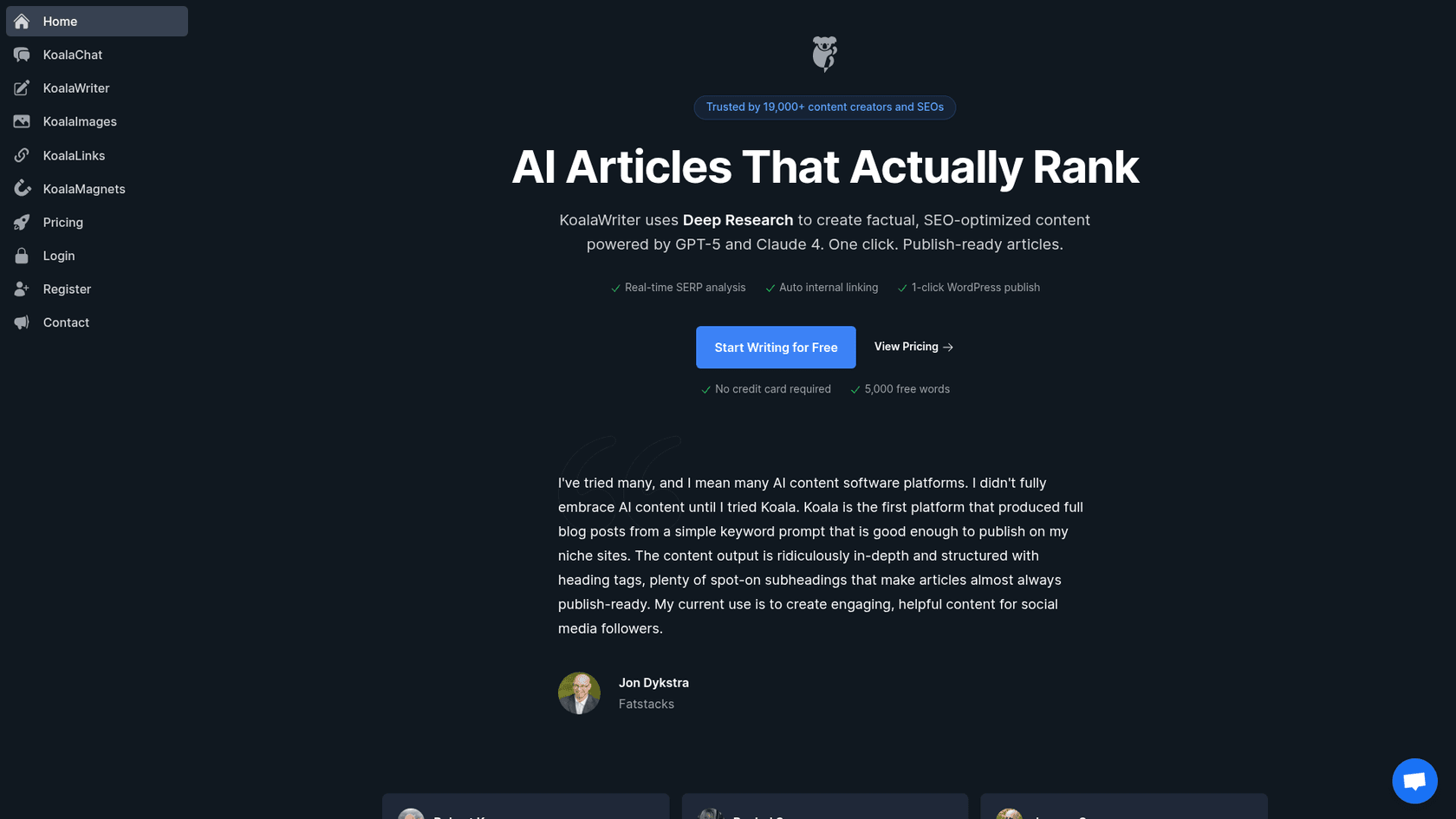 A screenshot of the Koala AI landing page, an AI blog creation tool designed for SEOs and affiliate marketers.