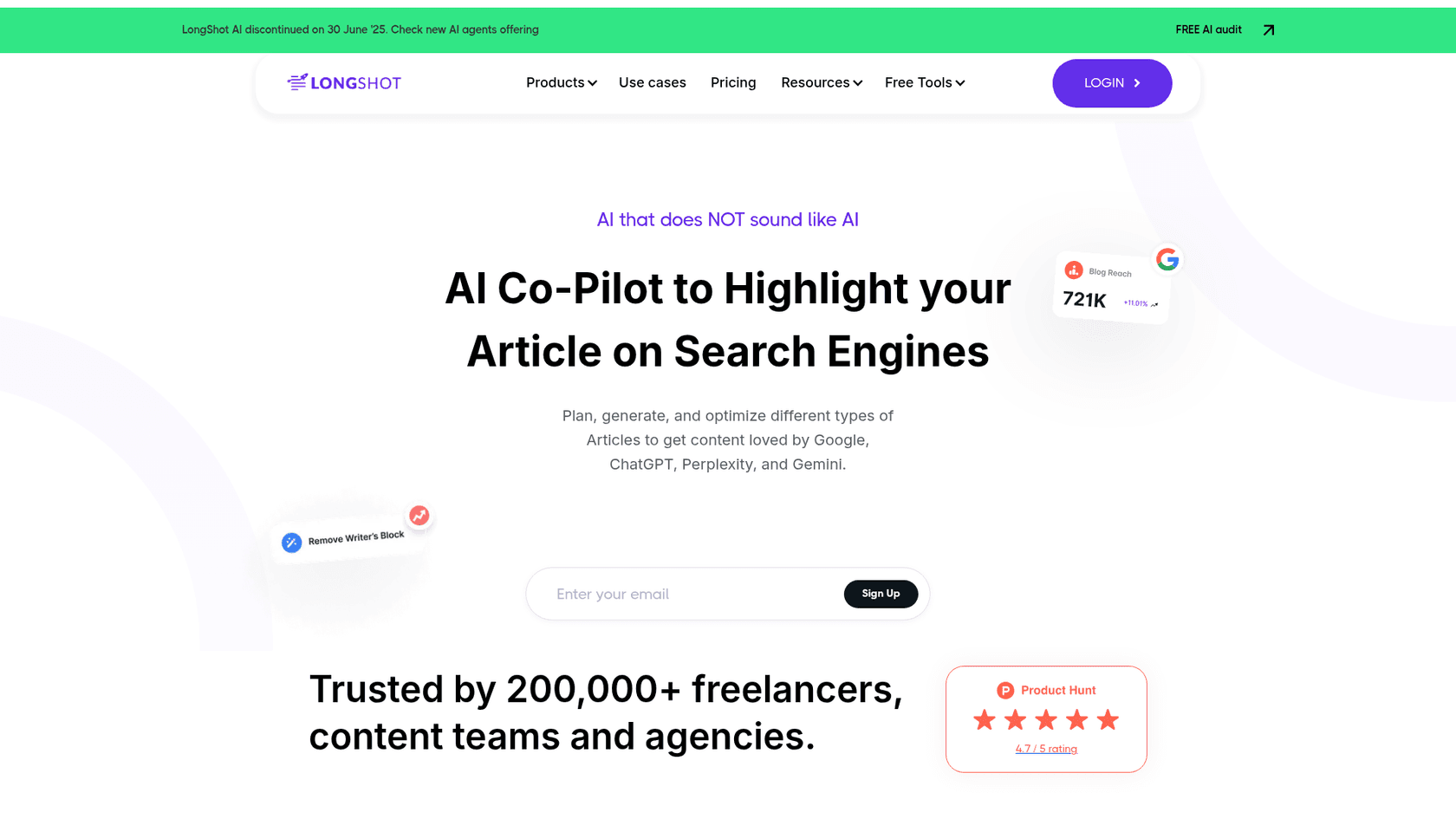 A screenshot of the LongShot AI website homepage, showing its features and information about its pricing plans.