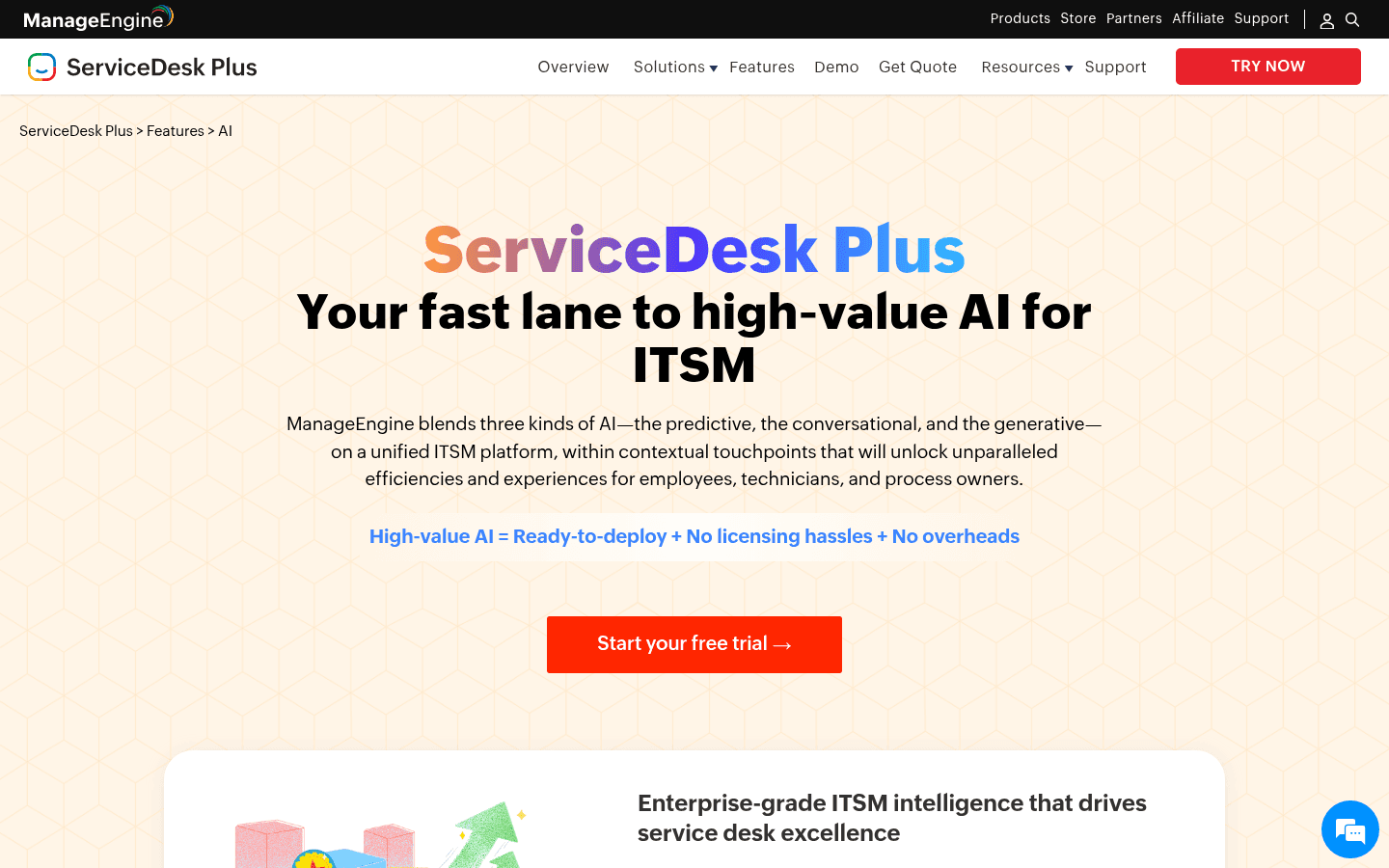 ManageEngine ServiceDesk Plus Zia AI assistant page showing predictive ticket categorization, virtual agent, and automated resolution features