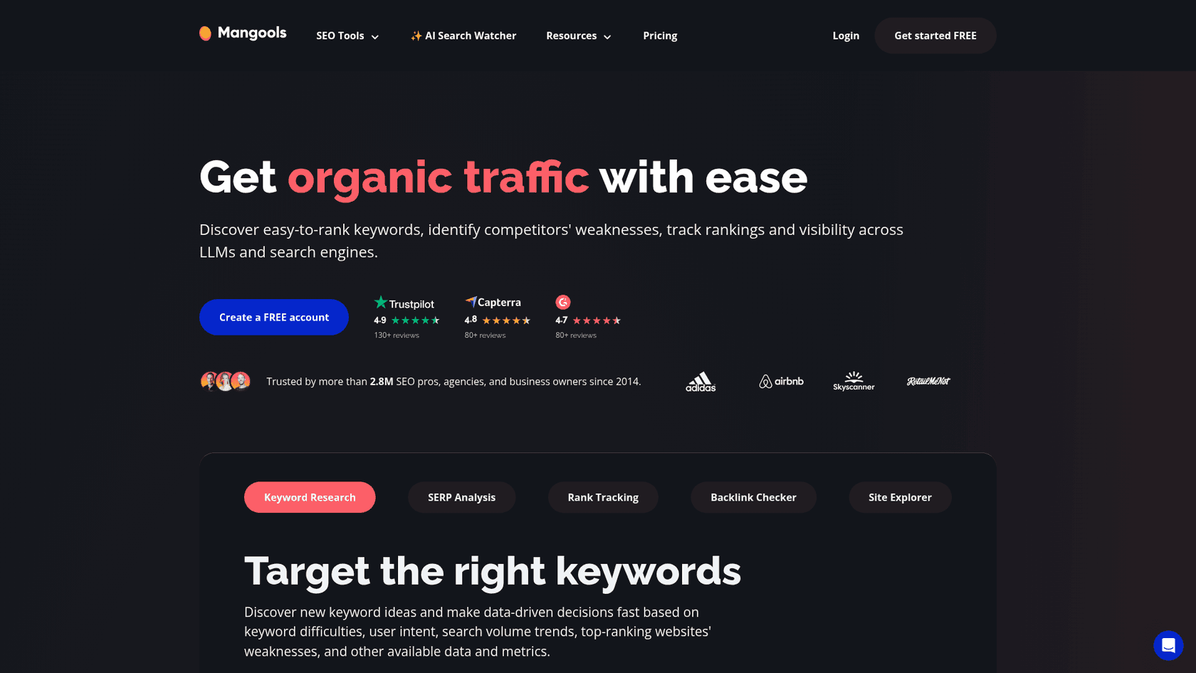 A screenshot of the Mangools homepage, showcasing its suite of affordable SEO tools.