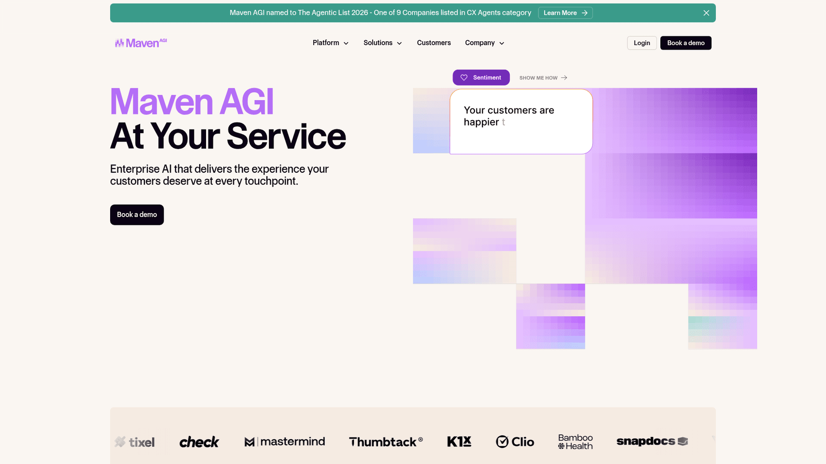 Maven AGI business AI platform homepage highlighting enterprise automation capabilities
