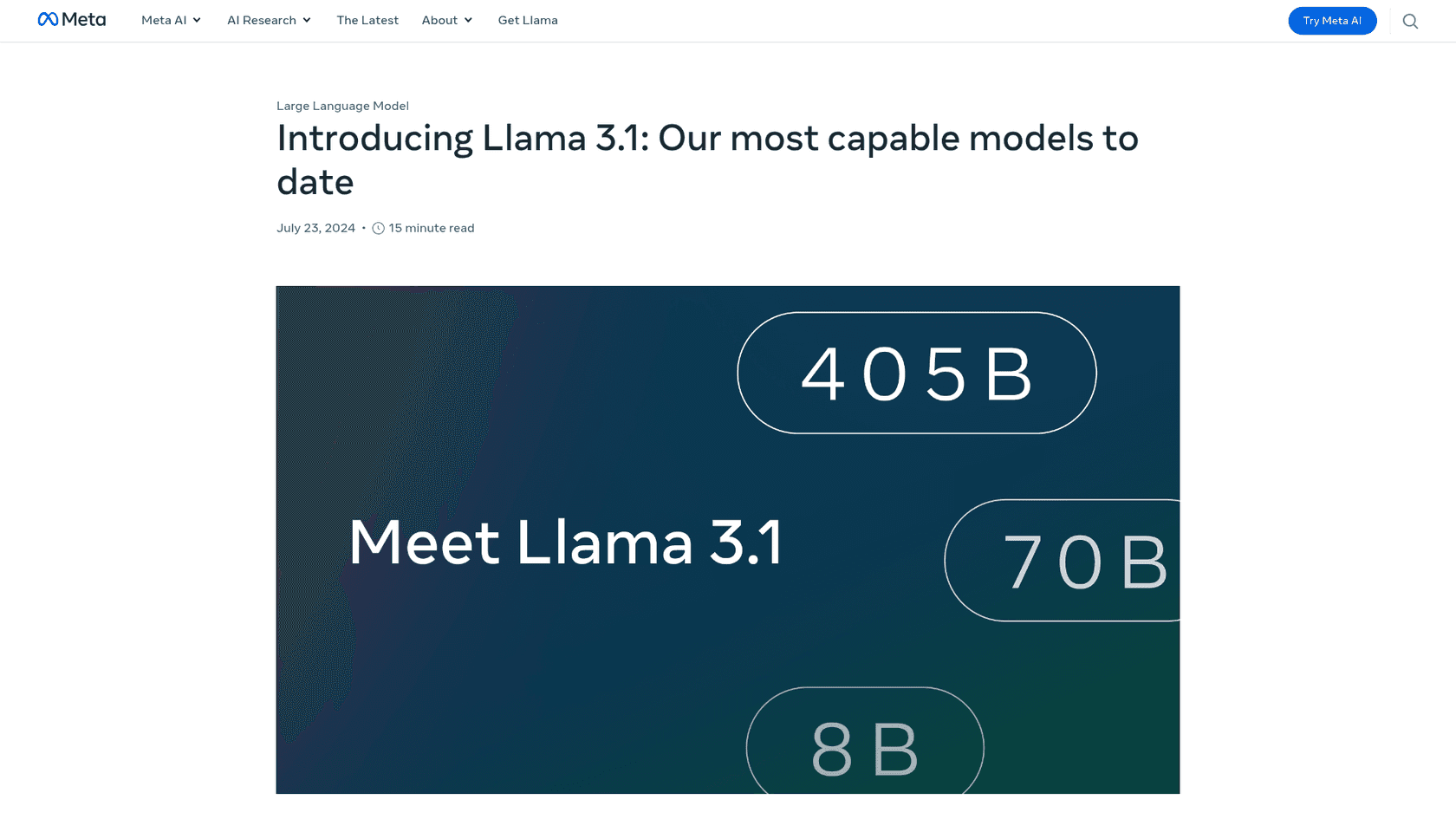 A screenshot of the Meta AI Llama 3.1 homepage, an open-source option for the best LLM for blog writing.
