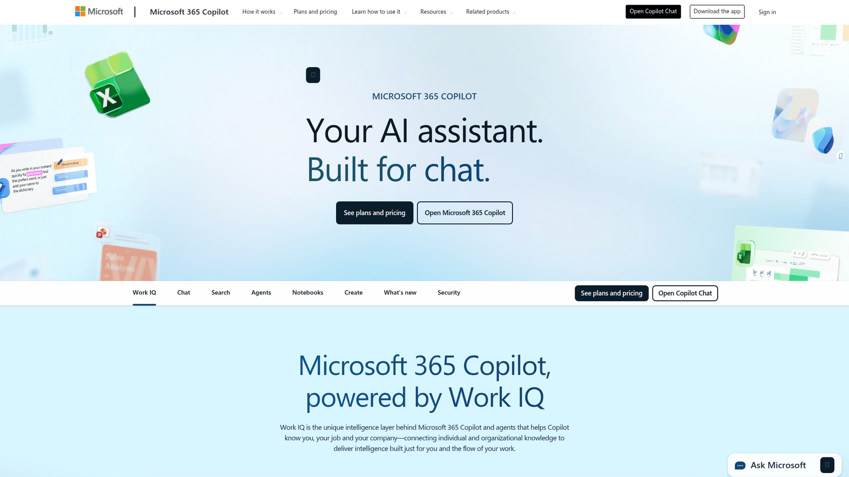 A screenshot of the Microsoft Copilot website, an AI writing assistant integrated into the Microsoft 365 ecosystem.