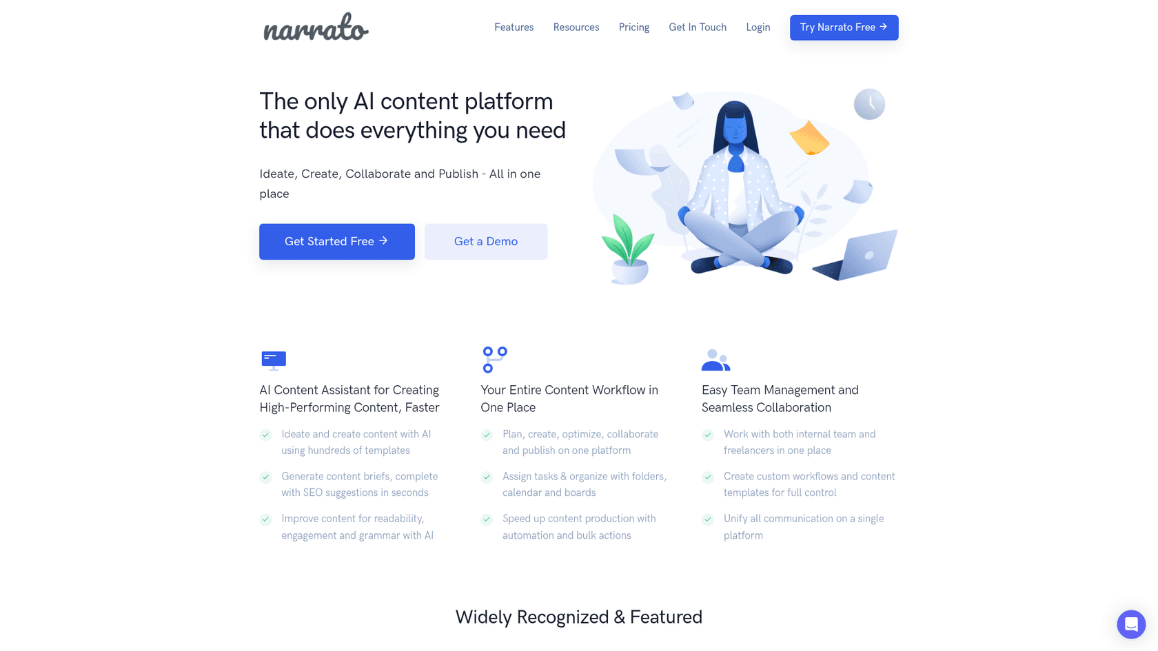 A screenshot of the Narrato website, an alternative platform that explains how to create AI comparison articles within a content workflow system.