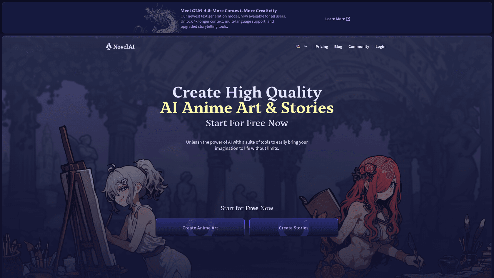 A screenshot of the NovelAI website, an AI story writer known for its creative freedom and genre-specific models.