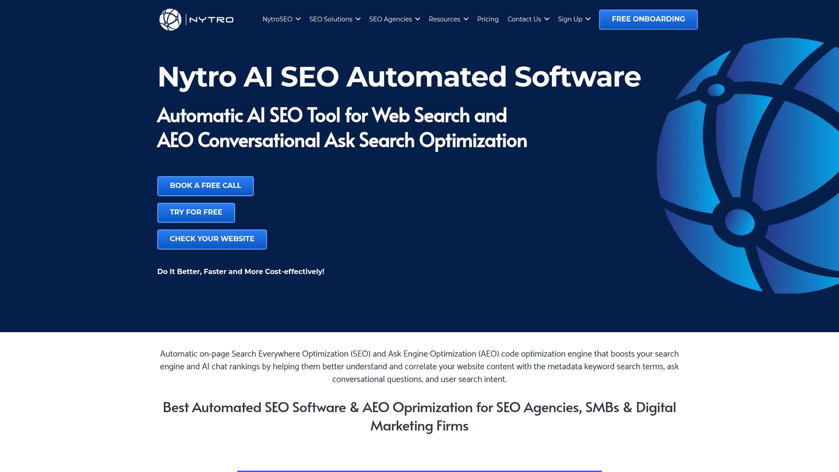 A screenshot of the NytroSEO homepage, a specialized tool with AI agents for meta tag optimization.
