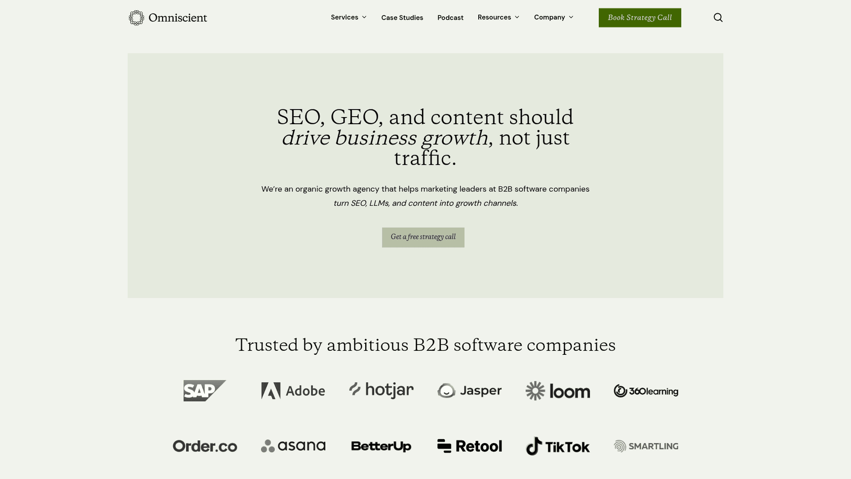A screenshot of the homepage for Omniscient Digital, an AI SEO company with a focus on revenue-driven growth.