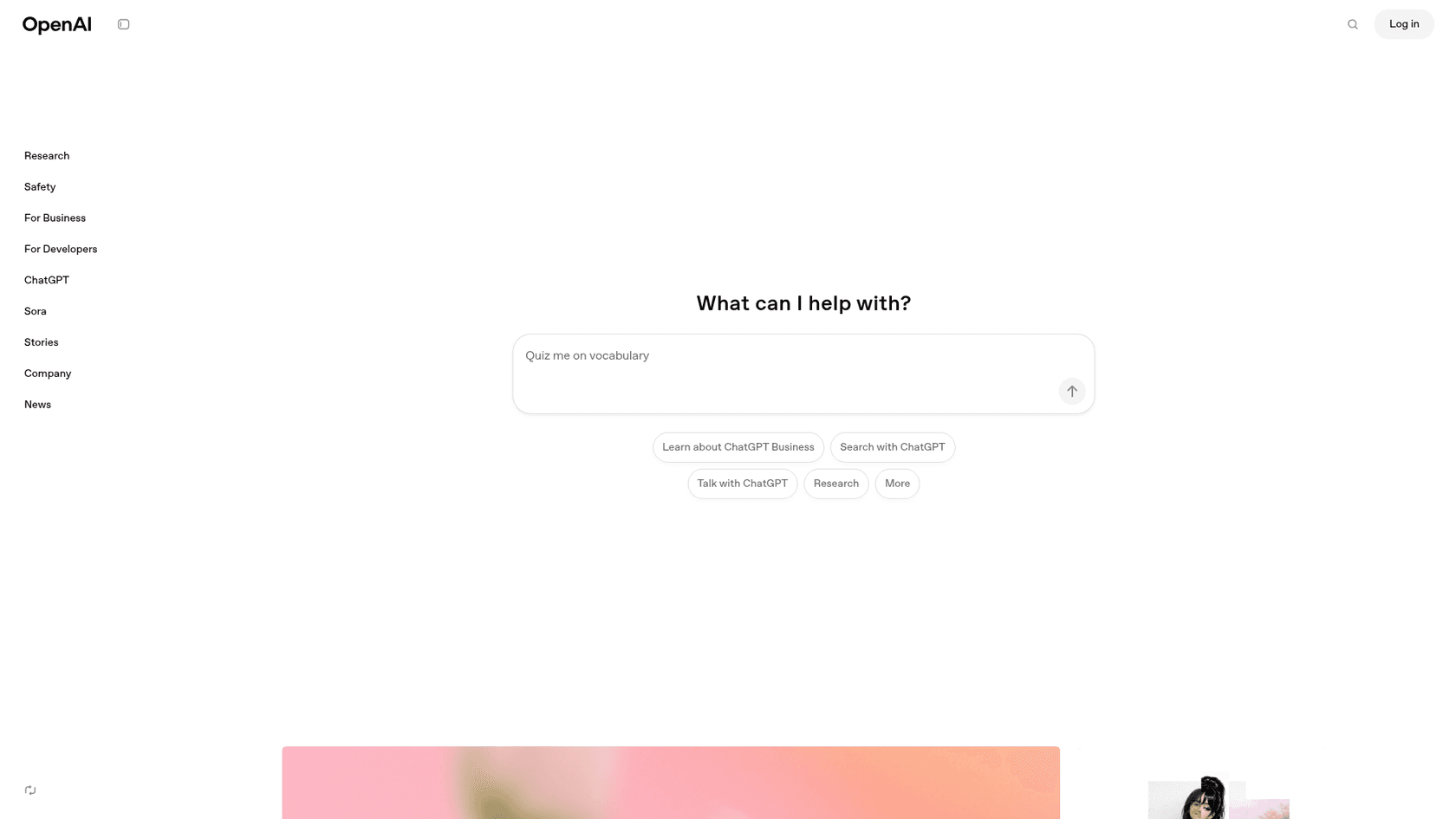 A screenshot of the ChatGPT website homepage, a general-purpose AI article writer and chatbot.